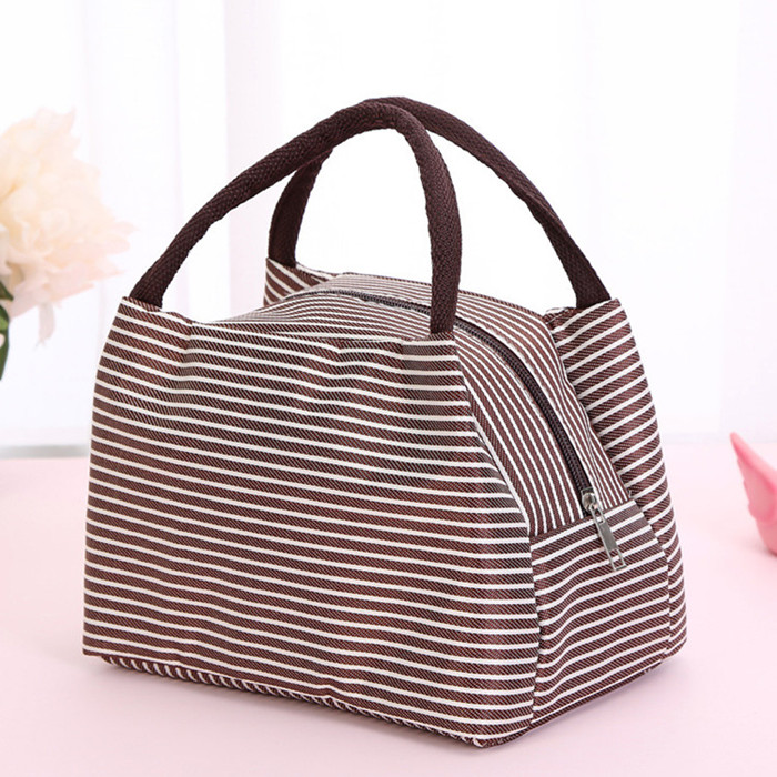 Leisure Women Portable Lunch Bag Canvas Stripe Insulated Cooler Bags Thermal Food Picnic Lunch Bags Box Kids Ice Pack Tote: Brown