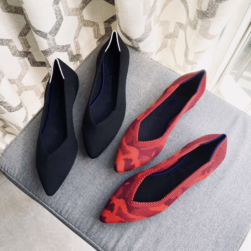 Beroemde Casual Boot Schoenen Vrouw Puntschoen Sapatos Stretch Breien Ballerina Flats Schoenen Lente Plus Size Roll-Up ballet