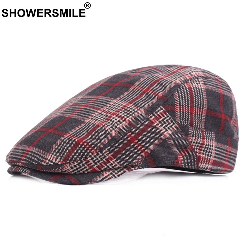 Showersmile röd rutig baskerhattar för män kvinnor rutiga platta kepsar bomullsbasker manlig klassisk brittisk stil vintage justerbara hattar