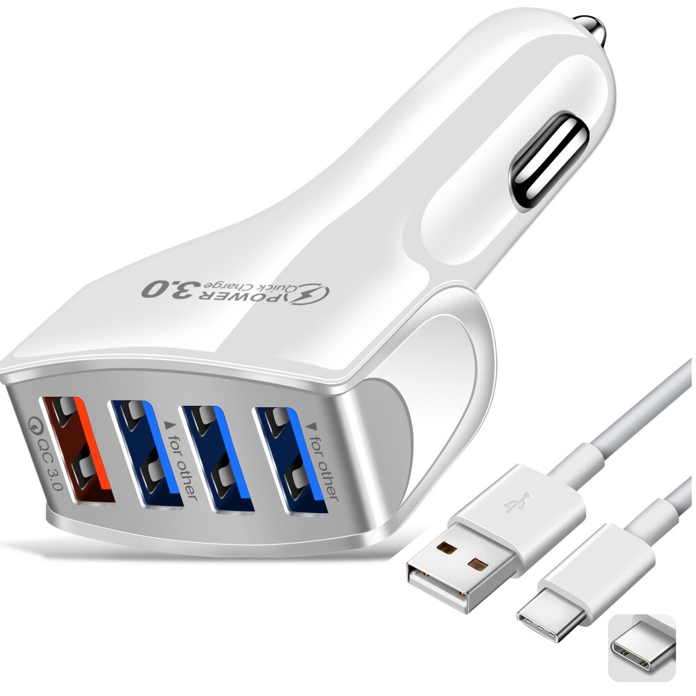 Usb-autoladegerät mit 4 anschlüssen,  qc 3.0 zigarettenanzünder-adapter 3.1a kompatibel mit iphone 13 pro, xr, xs max , 12 und 11 ipad galaxy: Weiß und kabel