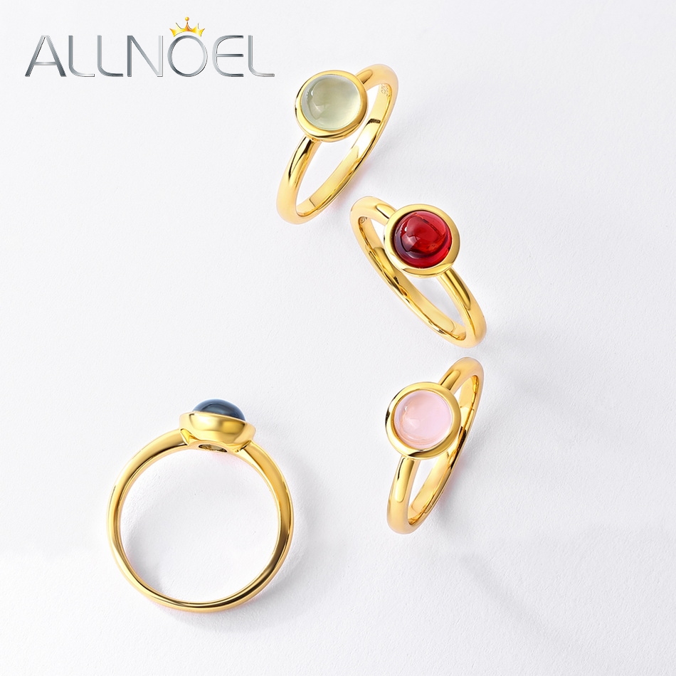 ALLNOEL 925 Sterling Silver 6mm Anello con pietra preziosa naturale Granato Topazio Prehnite Anello al quarzo rosa per le donne Regali per feste Gioielleria raffinata