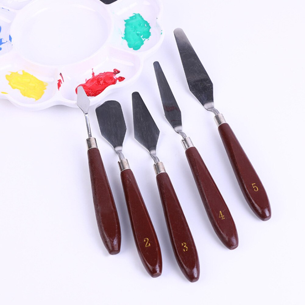 5pcs/set Mixing Scraper Oil Painting Stainless Steel Wooden Handle Tools Paint Palette Artist Spatula