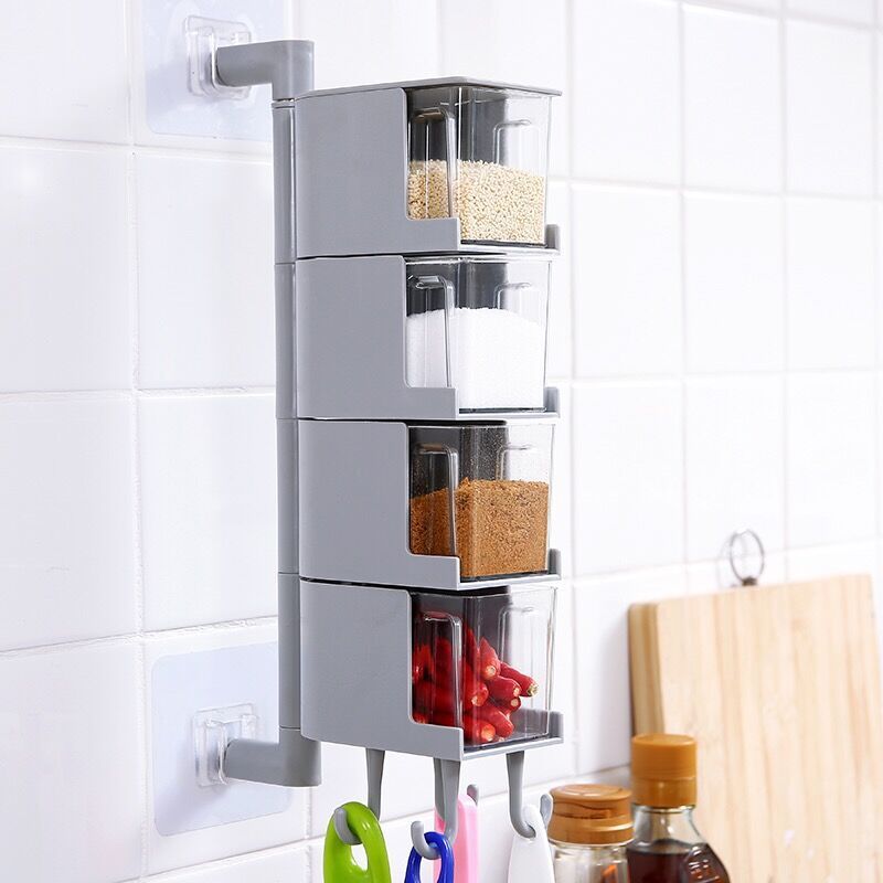 Kitchen Organizer Storage Box Seasoning Jar Bottle Wall Hanging Spice Rack Rotatable Sugar Salt Condiment Container Kitchen Tool: gray4