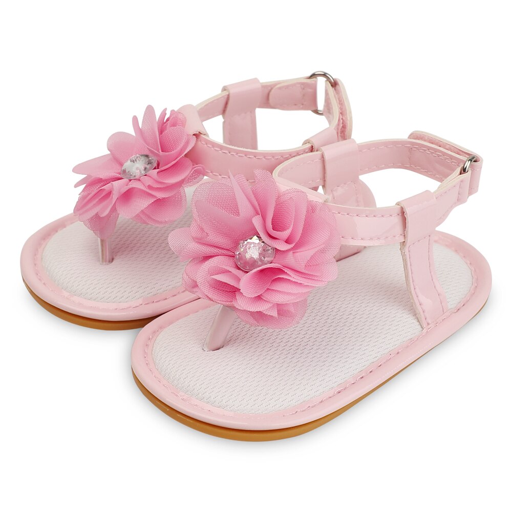 Sandales d'été pour bébés filles, chaussures en caoutchouc PU, semelle souple, bande de fleurs, parc, ramper, premiers pas, mignonnes: Rose / 7-12 mois