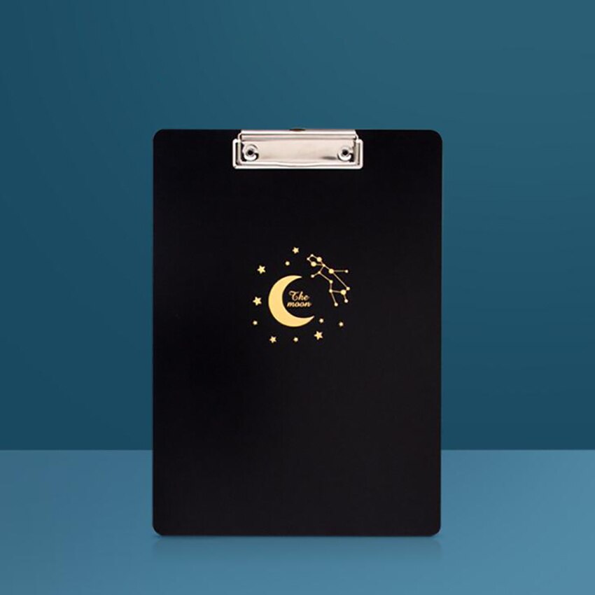 Simple A4 Files Holder Clipboard with Bronzing Moon Plastic Clipboard Low Profile Clip Student Writing Pad for Office School: black