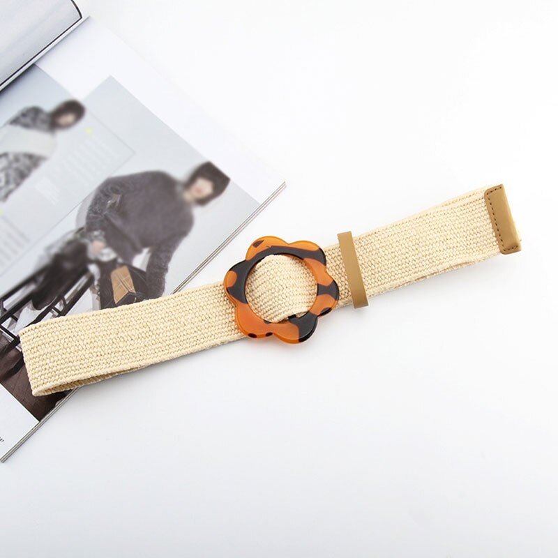 Vintage bohemio cinturón de cintura trenzada, cinturón femenino de verano, cinturones redondos de madera con hebilla, cinturón de corsé ancho de paja falsa, cinturón tejido para mujer: Blanco