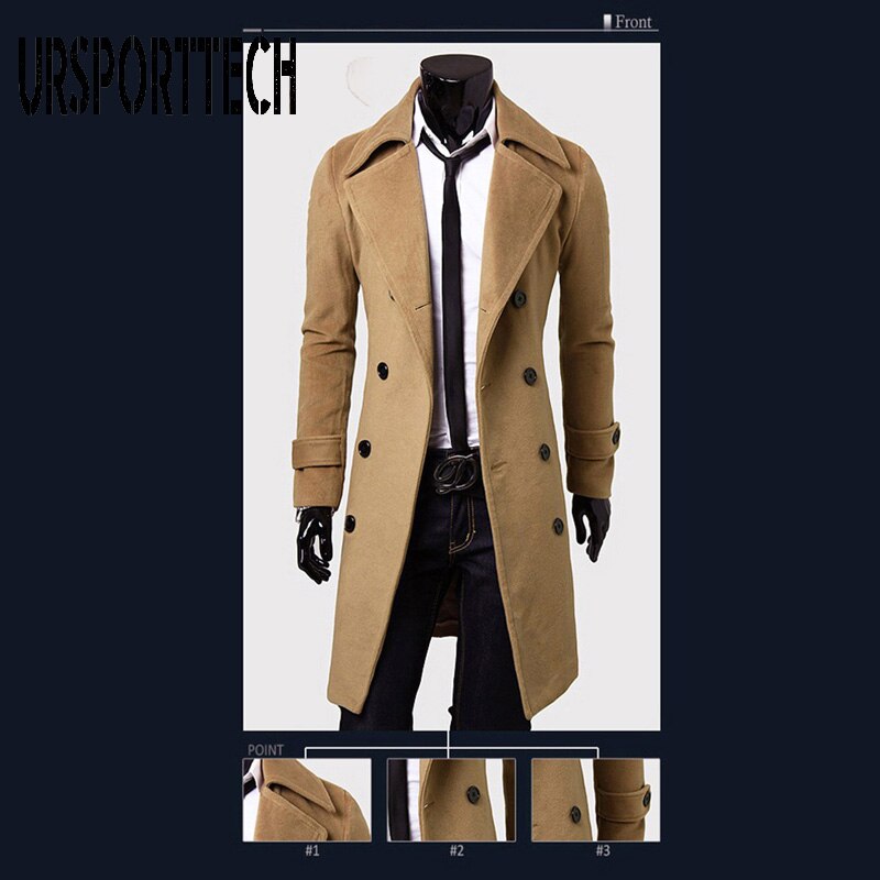URSPORTTECH-abrigo de lana a la para hombre, gabardina larga cálida de color sólido, abrigo de lana informal de negocios con botonadura