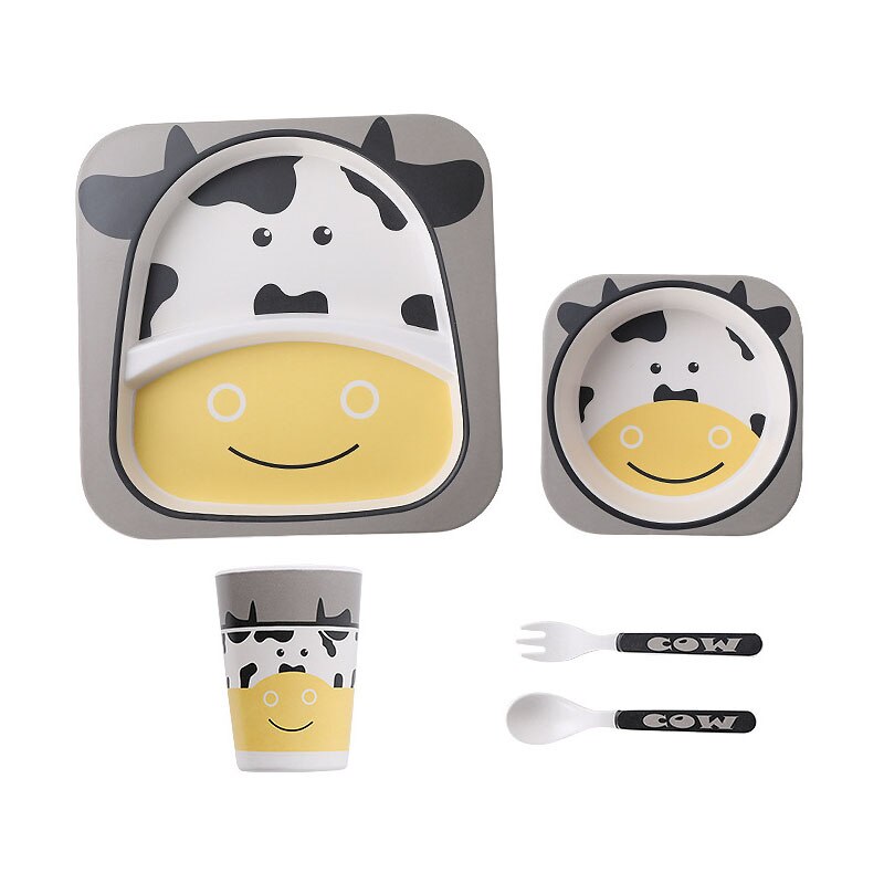5pcs/set Animal Zoo Baby Plate Bow Cup Forks Dinnerware Feeding Set 100% Bamboo Fiber Baby Children Tableware Set: Little cow