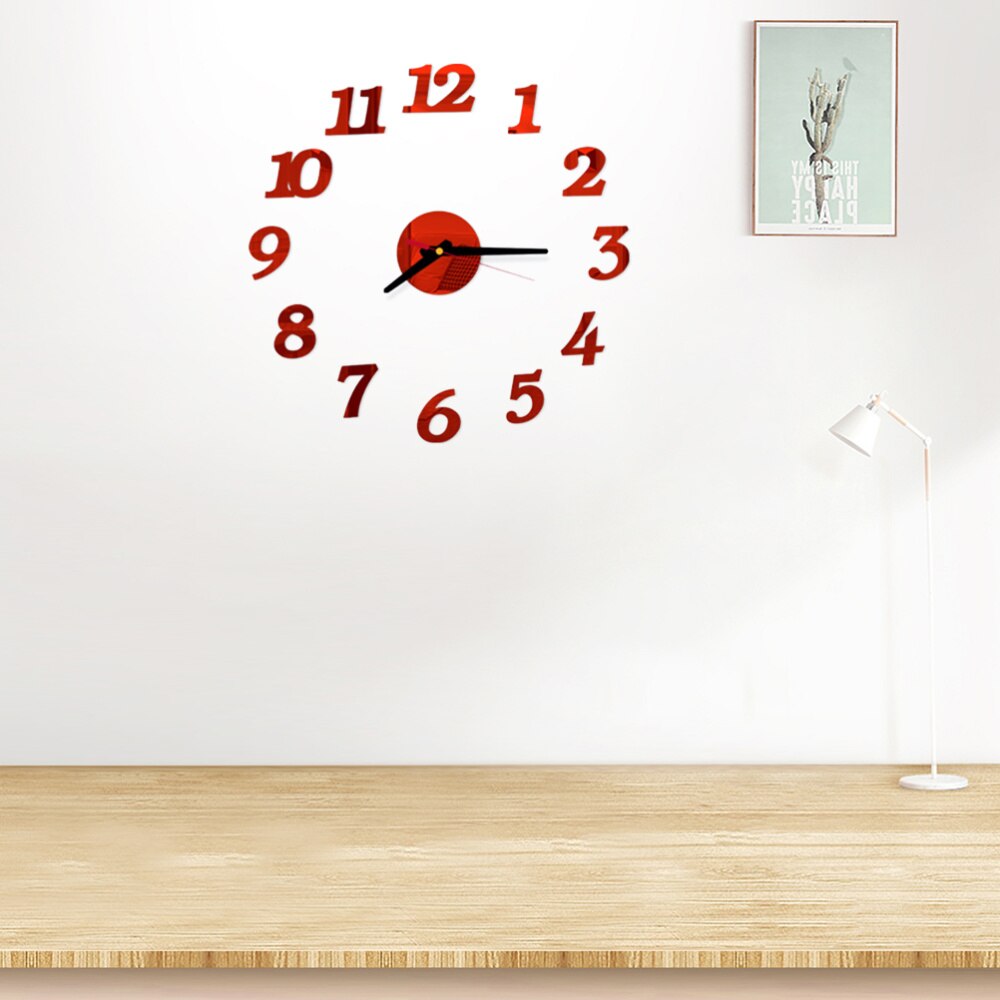 Frameless DIY Wall Clock Arabic Numbers Adhesive Modern Art Wall Clock Silent 3D Acrylic Sticker Home Decorations for Living Roo: Red