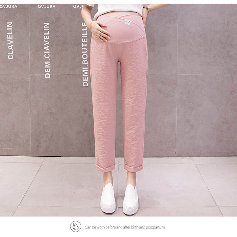 Popular Casual Pregnant Women Loose Pants Maternity Adjustable Trousers Black Grey Pink Waist: Pink / M