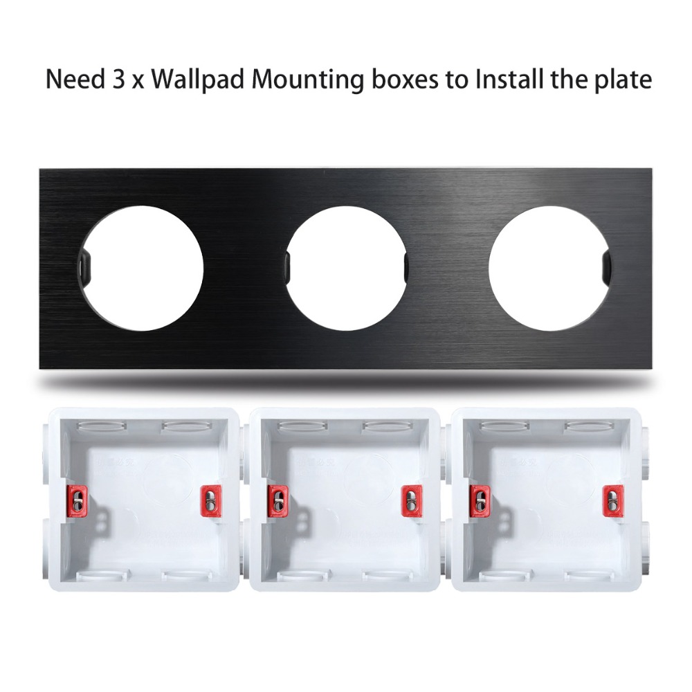 Wallpad L6 DIY Black Triple 3 Gang Frame Brushed Aluminum Metal Plate For Wall Switch Socket Free Combination, 258*86mm