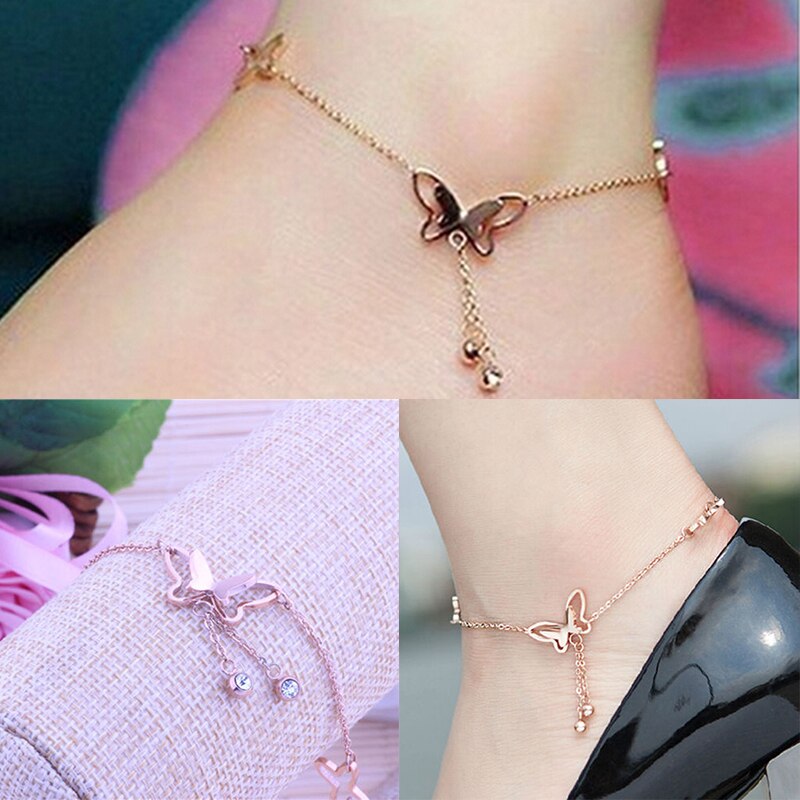 Tobillera Pulsera Mujer Plata - Ajustable, Diseño Corazón Mariposa, Regalo Para Mujeres