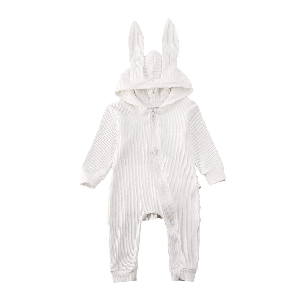 Schattige Kinderen Baby Meisje Jongen Lange Mouw Gebreide Ruches Romper Spirng Effen 3D Oren Capuchon Rits Jumpsuit Overall kleding: WHITE / 18m