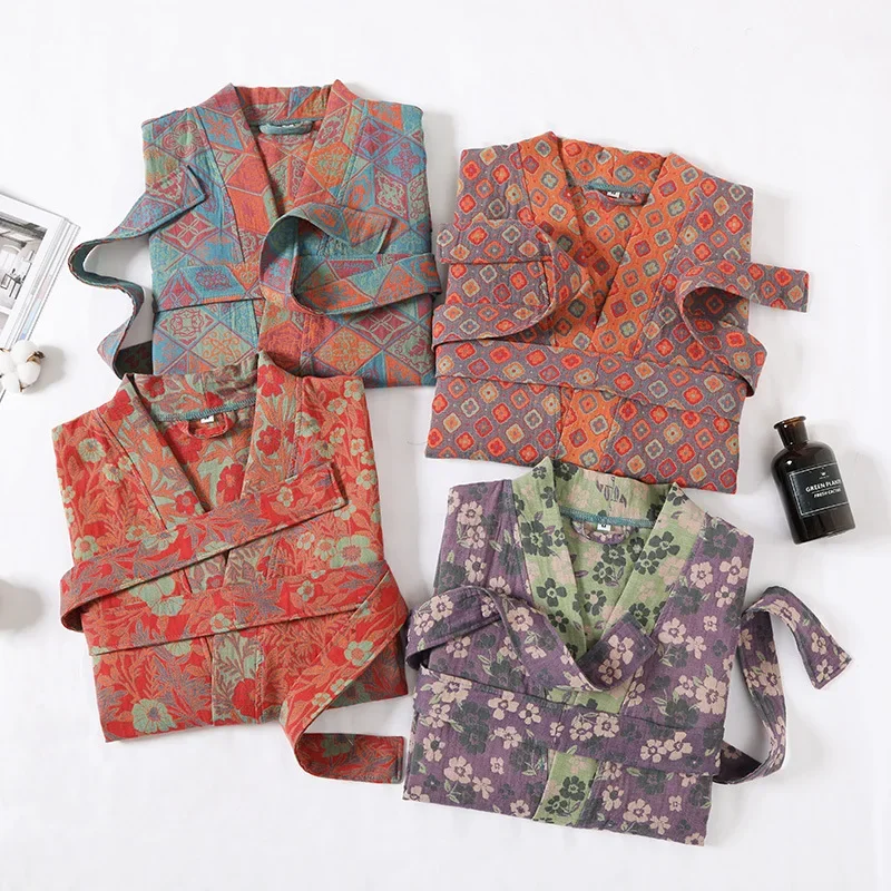 Albornoz de gasa de doble capa de algodón puro para primavera/verano, tela fina teñida, ropa de hogar para parejas, bata tipo kimono de estilo japonés, pijama