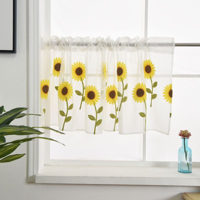 Short Sheer Curtain Flat Window Pastoral Style Bellis Perennis Embroidered Washable Gauze Curtains Panels Kitchen Balcony Home D: 0.5M1.5