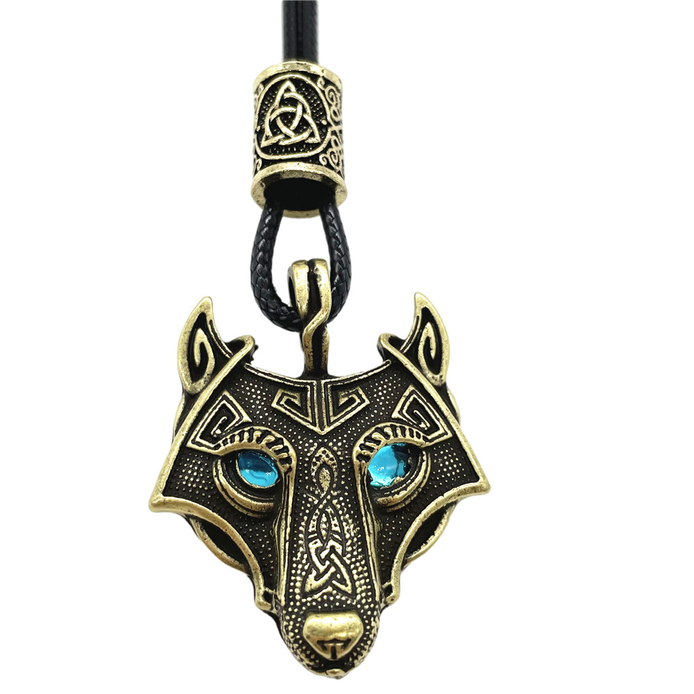 Wolf Hoofd Amulet Hanger Met Water Blauwe Ogen Noorse Runen Kralen Viking Ketting Pagan Talisman Jewlery Leveranciers: Trinity Bronze