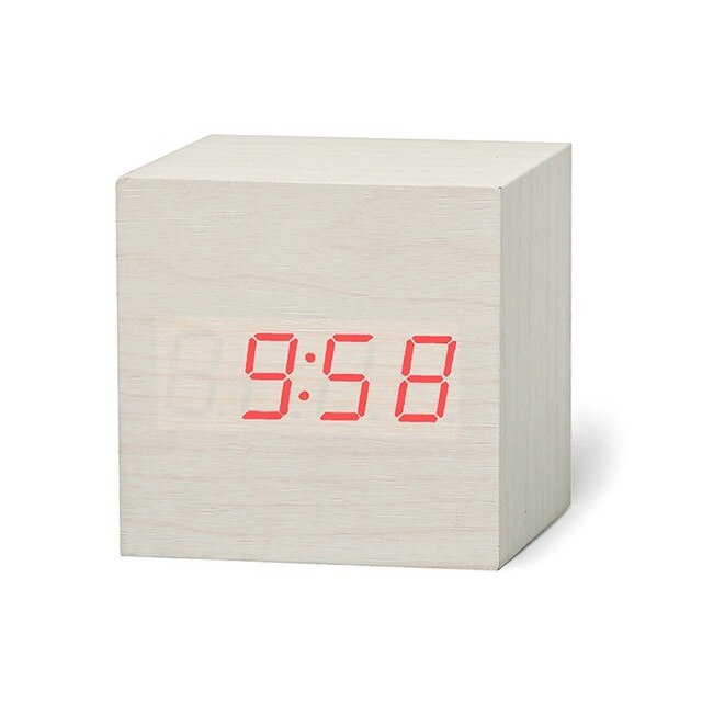 Kleine Vierkante Digitale Houten Led Wekker Hout Retro Glow Klok Desktop Tafel Decor Voice Control Snooze Functie Desk Decor: white red light