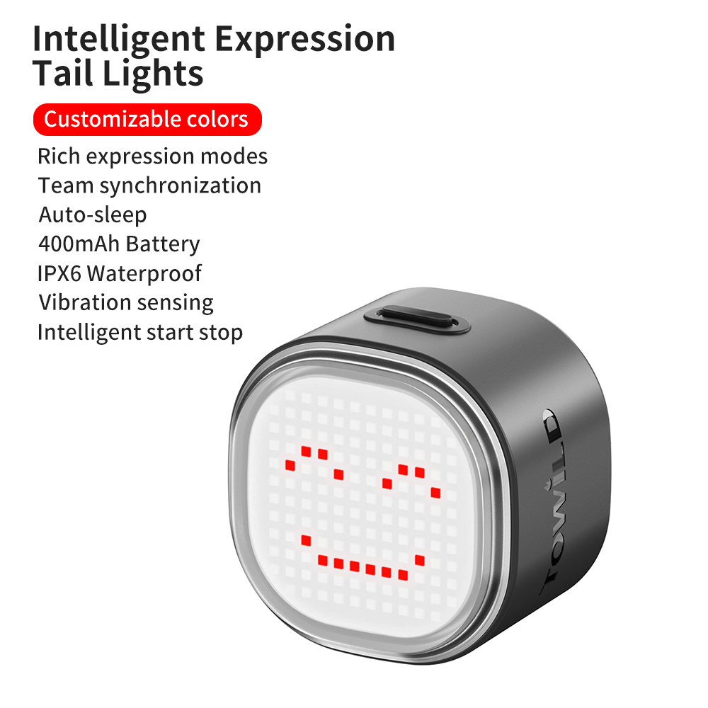 Towld tl08 expressão inteligente lanterna traseira 140 led sensor de freio bluetooth luz traseira da bicicleta personalizável lanternas traseiras: Preto