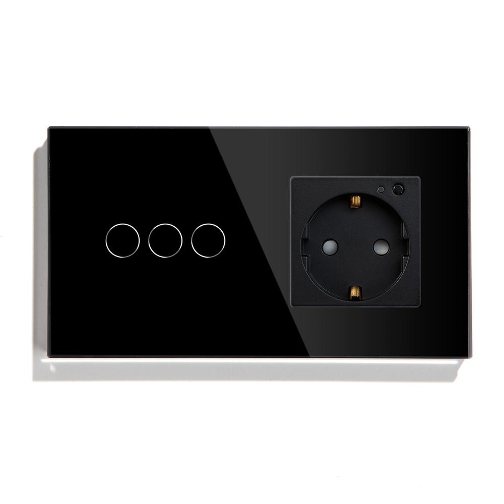 BSEED EU Standard Smart Socket Wifi Touch Switches Crystal Glass Panel Tuya Smart Switch 1/2/3Gang 1/2/3Way Alexa APP Control: Black 3Gang