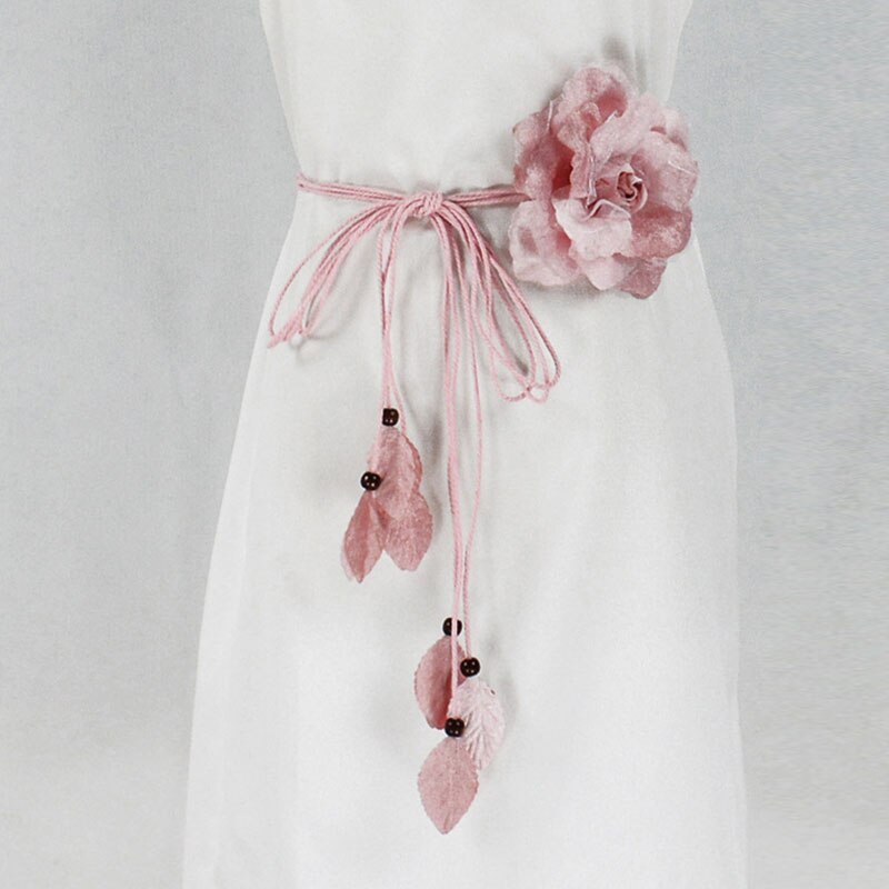 Big Flower Thin Belt Fine Womens Dress Chain Tassel Casual Waist Belt Chiffon Braid Decoration Handmade Sweet Flower: Pink