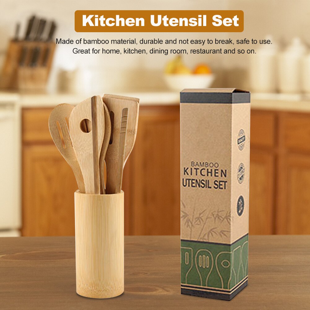 Easy Clean Multifunctional Mixing Kitchen Utensil Set Home For Cookware With Holder Flipping Spatula Stirring Spoons Bamboo