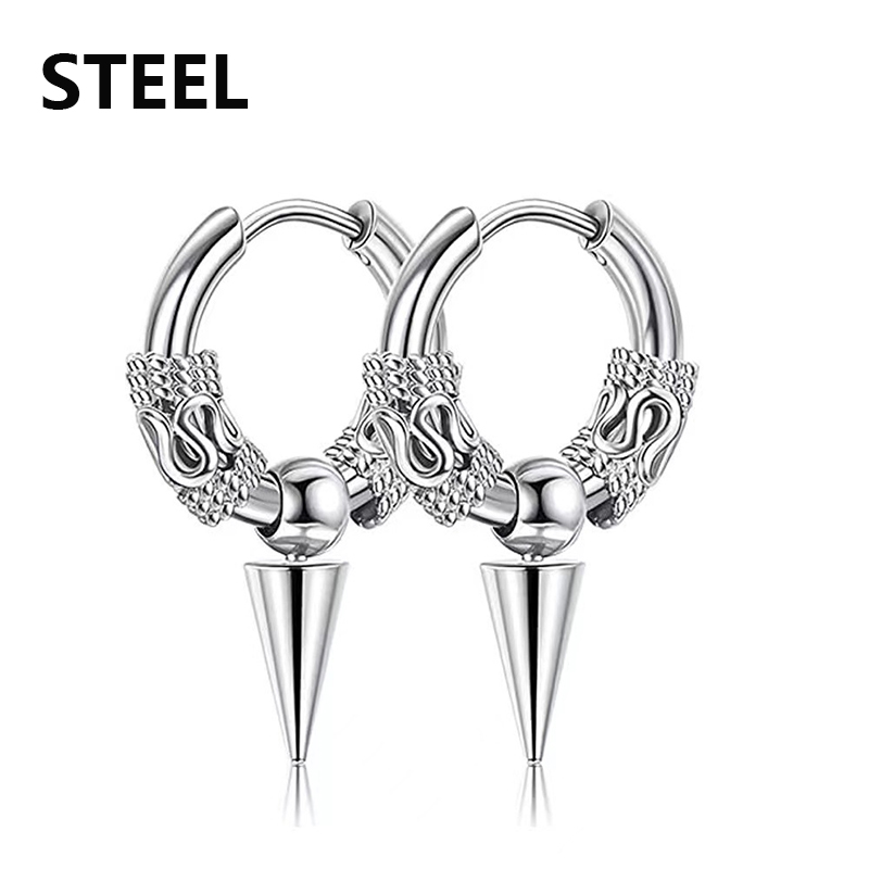 1 paire de boucles d'oreilles gothiques Punk en acier inoxydable pour hommes et femmes, Hip Hop Rock Vintage motif Dragon, cercle, bijoux: Couleur or jaune pâle
