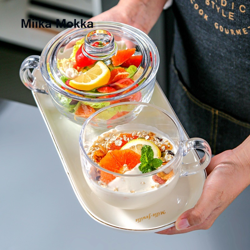 Bol en verre de grande capacité pour le petit déjeuner, avec couvercle, tasse d&#39;eau, salade de fruits, lait, récipient de stockage des aliments de cuisine domestique