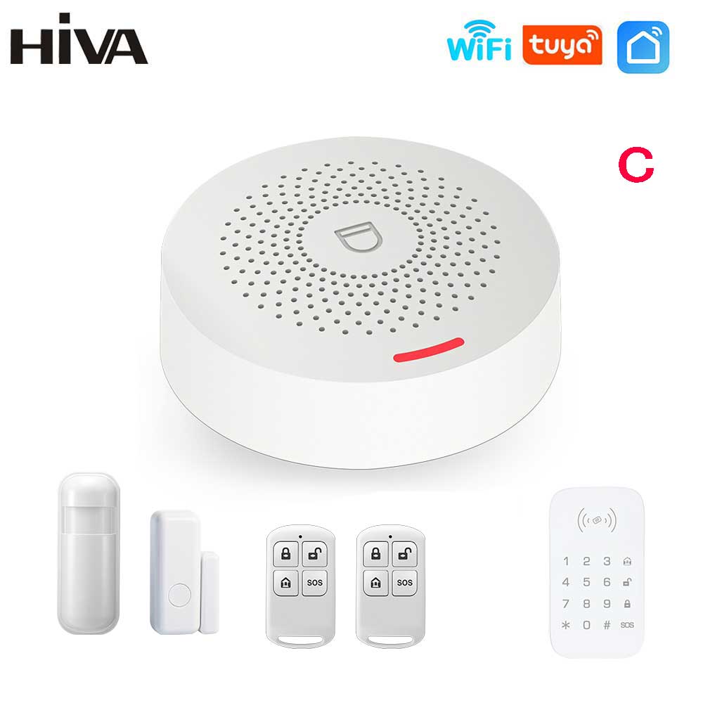 HIVA Tuya Smart Home Wifi Alarm System for House Business Garage Warehouse Wireless Safety Security Alarm work with Alexa: C / EU plug