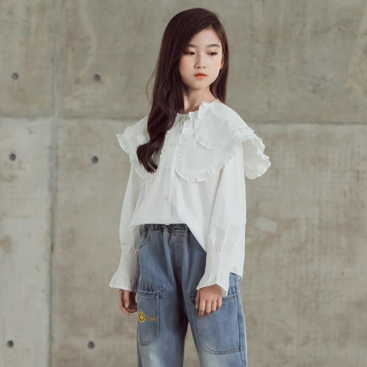 Girls Shirts Spring Autumn Children's Loose Tops Girls Lapel Long-sleeved Cotton Shirts Blouses Teen Tops: 4T