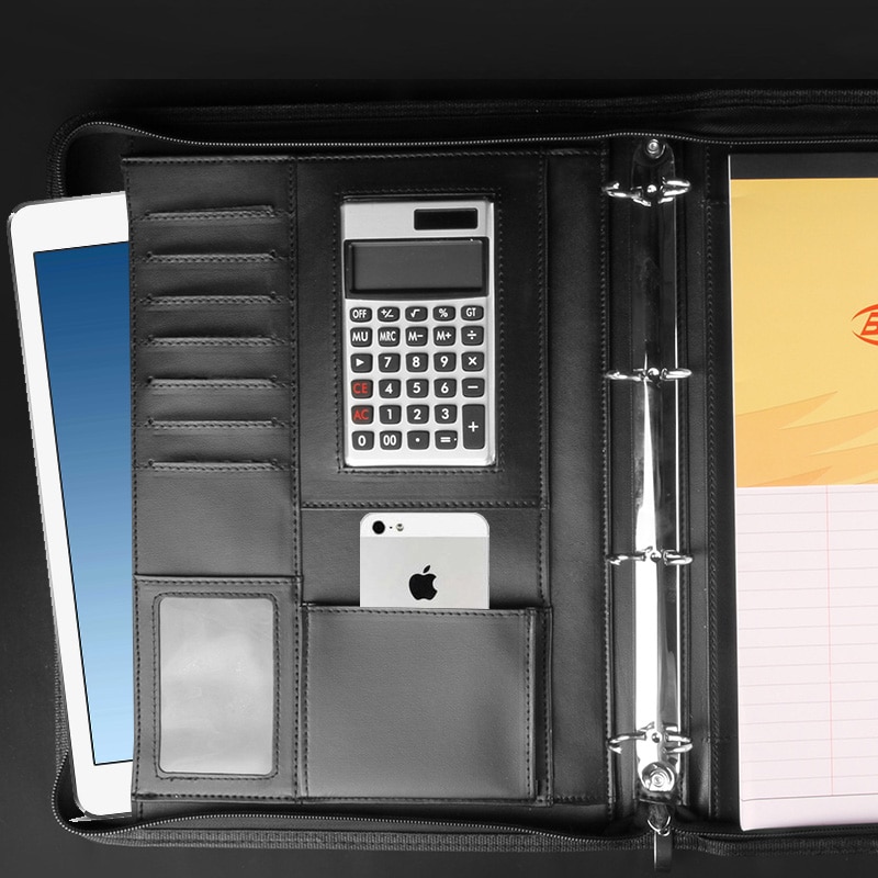 A4 zipper leather portfilio with handle spring binder manager document bag business file folder briefcase file organizer 1260