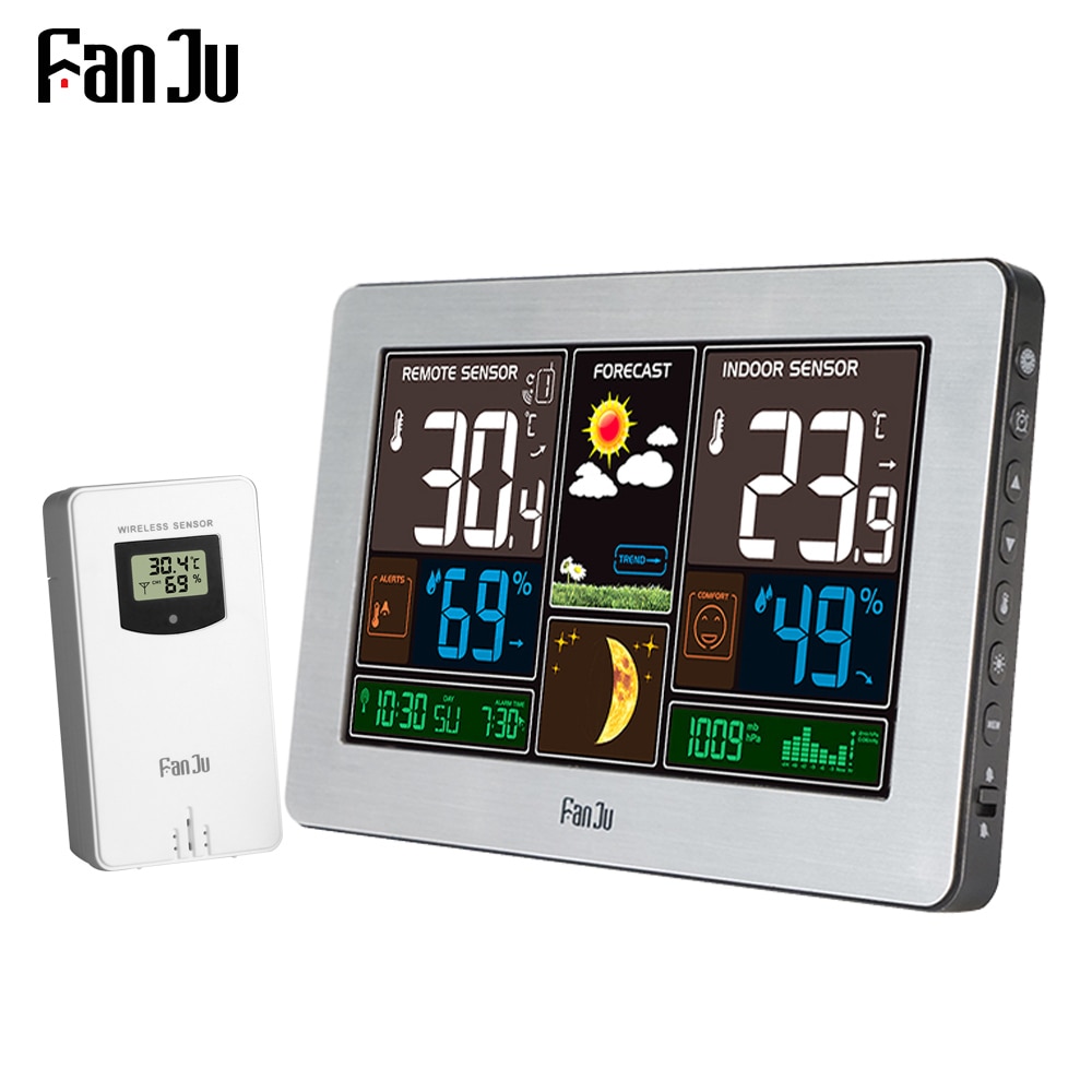 FanJu Weather Station Digital Wall Alarm Clock Table Desk Clocks Thermometer Hygrometer Barometer Wireless Outdoor Sensor FJ3378