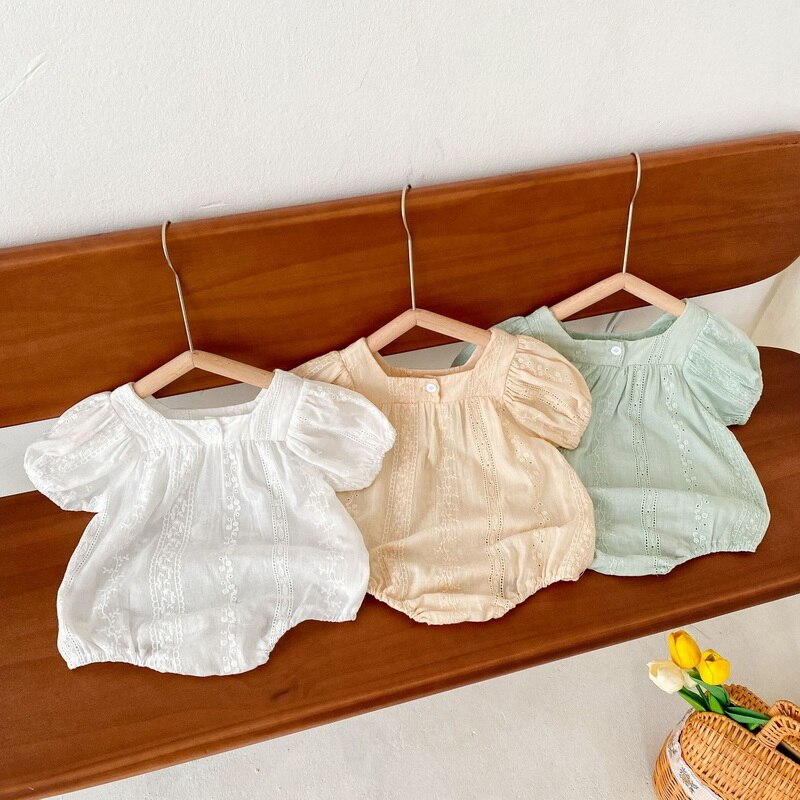 Body de algodón con cuello cuadrado para niña, mono de manga corta blanco, verde, albaricoque, ropa de niño E2045, novedad de verano 2022