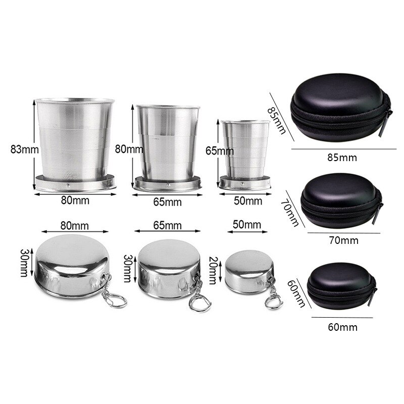 Taza plegable de acero inoxidable con llavero, vasos plegables telescópicos retráctiles portátiles, taza para beber agua para exteriores