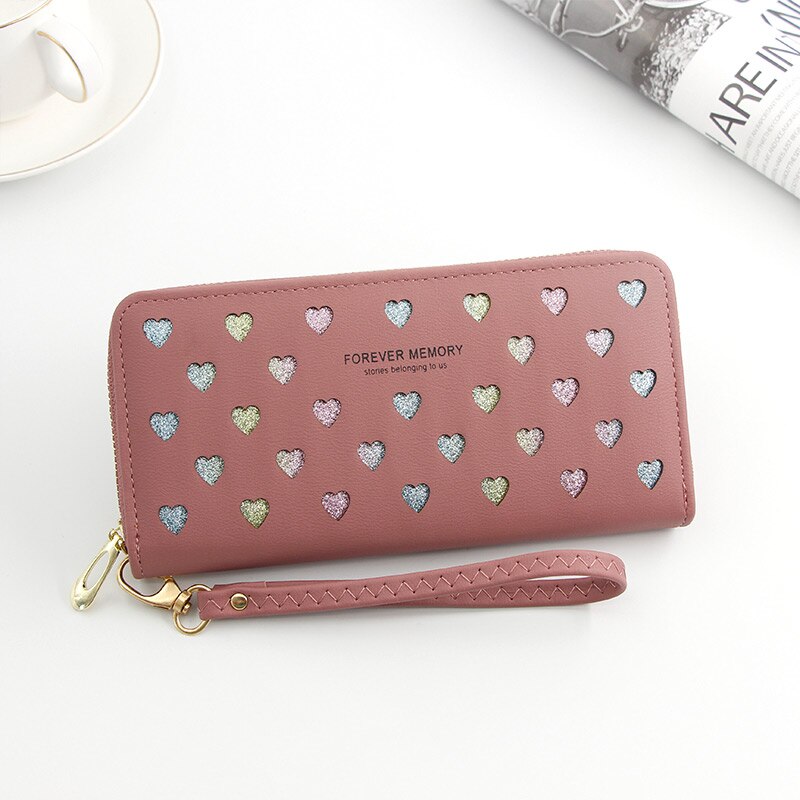 Portafoglio donna Long Love Heart Hollow Design borsa per telefono porta carte di credito in pelle ad alta capacità portafogli frizione Carteira Feminina: DarkPink