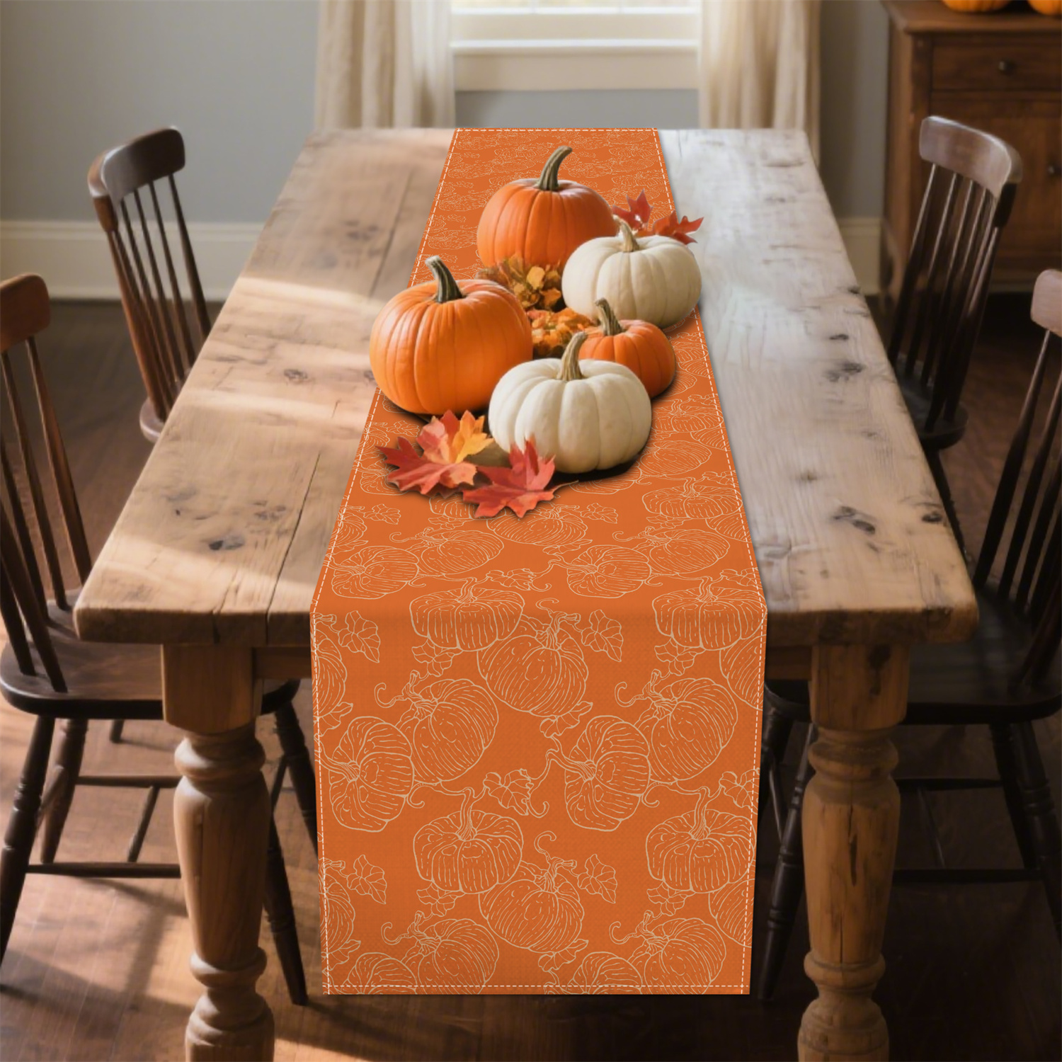 Bordlöpare med 1pc pumpablad, höstdekoration med orange mönster för skördefest i lantlig stil