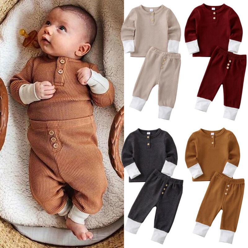0-24M Newborn Clothes Outfits Toddler Baby Girl Boy Solid Color T-Shirt Tops Leggings Pants Knitted Baby Girls Boys Clothes Set