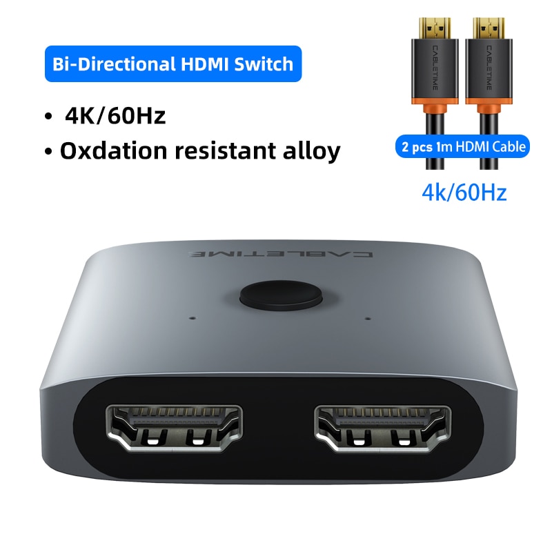 CABLETIME HDMI Splitter 4K 60Hz 1x2/2x1 Adapter HDMI Switcher 2 in 1 Converter for latop Macbook Air HDTV PS4 HDMI Switch C355: With 2pcs HDMI Cable