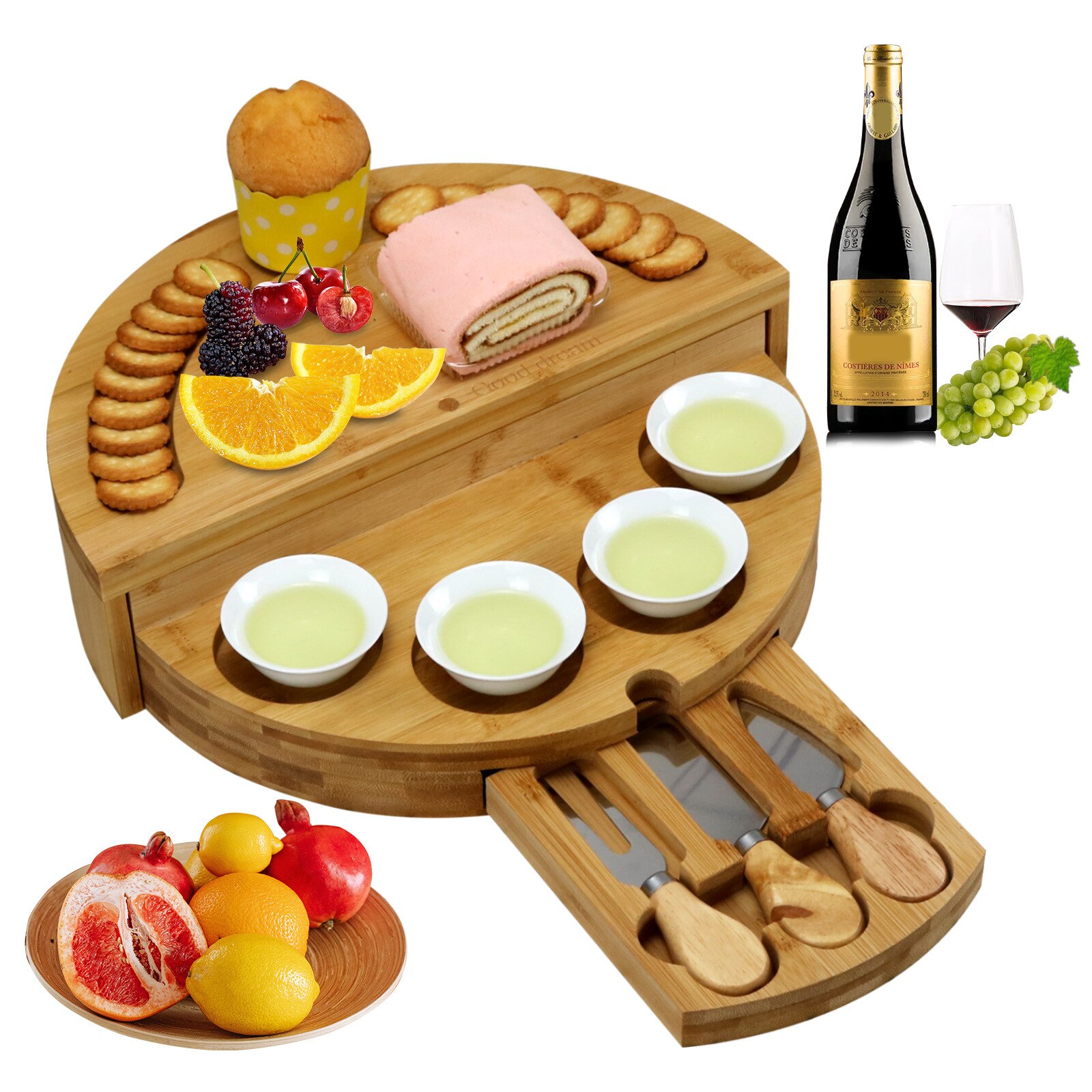 Bamboo Cheese Cutting Board Set Cutlery Cutter Charcuterie Board Set With Slide Out Drawer Cooking Tools Slicer Fork Scoops Cut: Whole Set Big