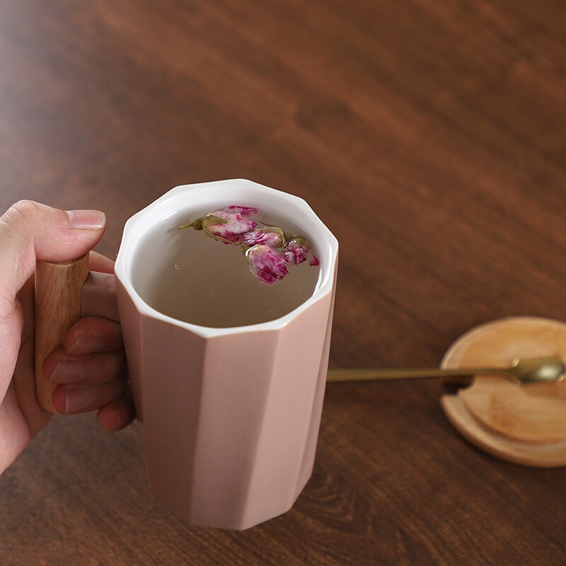 380ml Wood Handle Ceramic Coffee Mug Polygonal Office Home Milk Tea Cup For