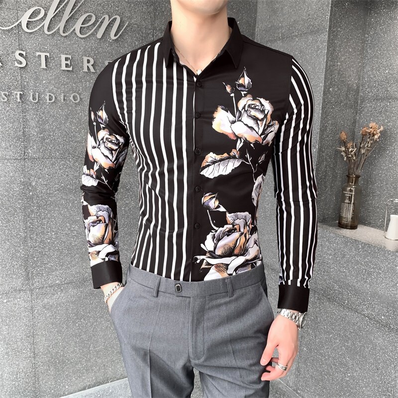 Efterår stribede skjorter til mænd slim fit streetwear afslappede skjorter langærmet blomsterskjorte camisa masculina business socialt tøj til mænd: Sort / L 55-60kg