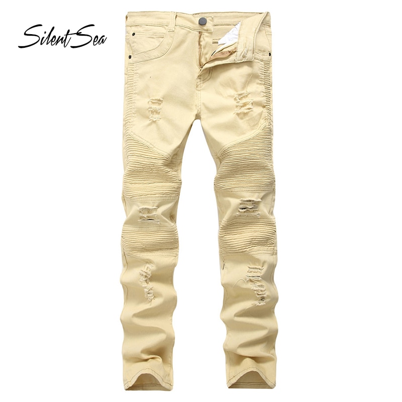 Silentsea heren jeans met kniegaten, gerafelde en gescheurde jeans voor heren, kaki kleur, broek, slim fit, bikerjeans voor heren, grote maten