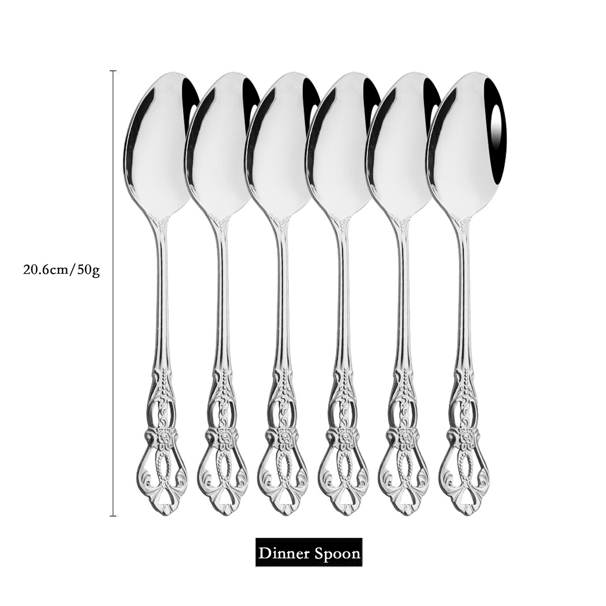 6-24pcs Luxury Wedding Silverware set Silver Dinnerware Knife Fork Tea Spoon Retro Kitchen Flatware Tableware Cutlery Rack Set: 6Pcs Dinner Spoon