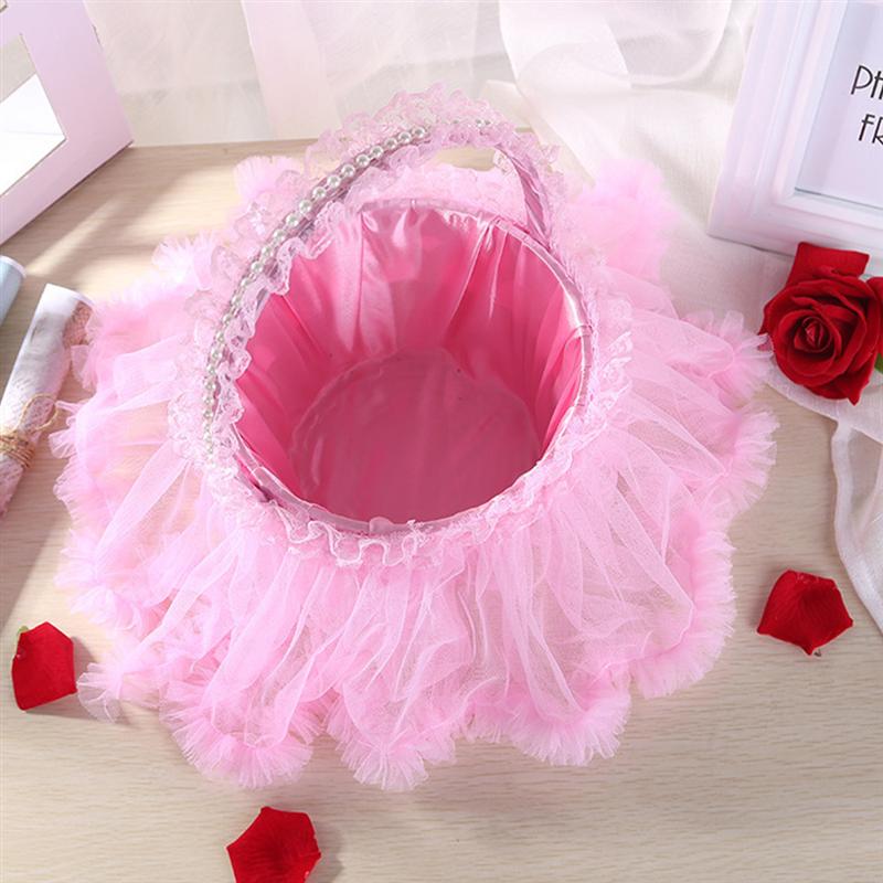 Lace Edge Mand Bruiloft Bloemblaadje Mand Bruidsmeisje Bloem Mand (Roze)