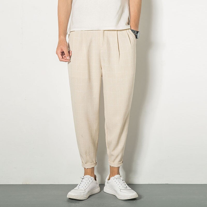 Japanischen Jahrgang Leinen Plaid Tasche Breite Quer verlieren Gabelung Hiphop Harem Jogger Streetwear Knöchel-Länge Schlauch Plus Größe Koreanische