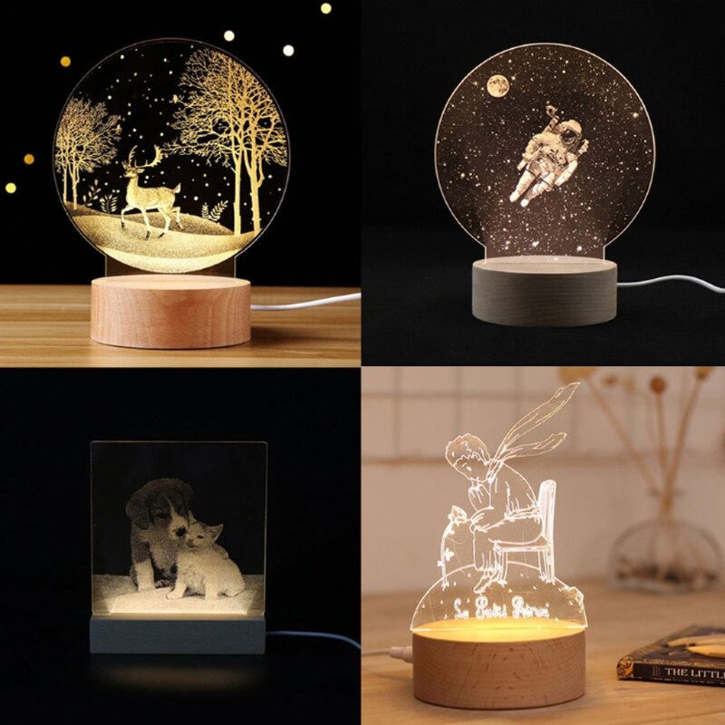 Handmade Resin Art Wood Round LED Display Base Colorful Light Wooden Night Base Resin Display Ornament Stand DIY Crafts