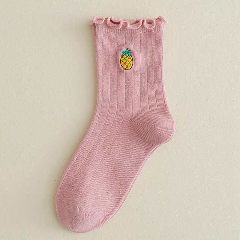 Frilly Embroidered Sock Spring Summer Japan Harajuku Kawaii Cartoon Fruit Cotton Socks Girl Streetwear Happy Casual SOX: Pink