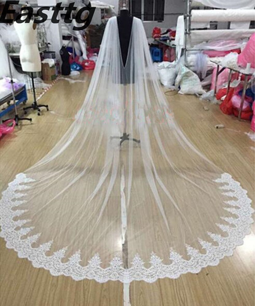 Wit/Ivoor Kant Cape Sluier 260Cm W X 300Cm Kathedraal Lange Wedding Bridal Cape Mantel Sjaal Kant trim Bruiloft Accessoires