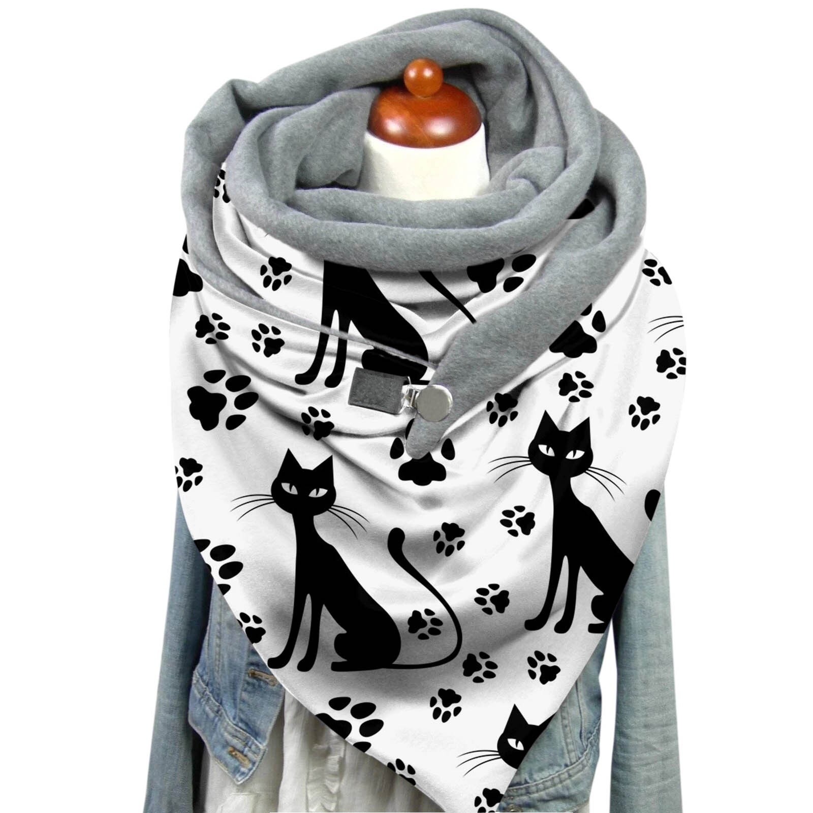 Bufanda estilo hijab con estampado de gato para mujer, chal multiusos con botón Retro, 80cm-100cm, para invierno
