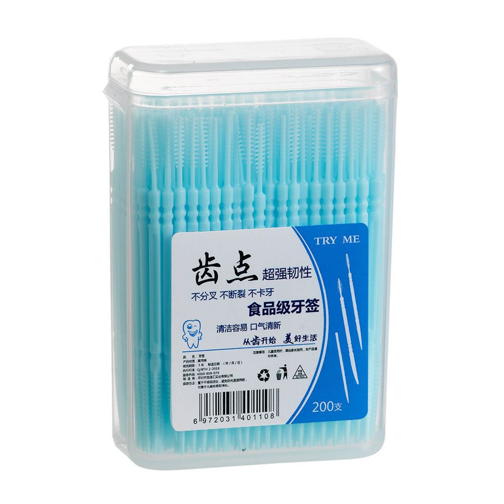100/200Stck Einweg Süssigkeit Farbe Zahnstocher Pinsel Weiche PP Zahnseide Interdentalbürste Zahnstocher Stock Doppel-kopf Interdentalbürste pinsel: B Blau 200Stck