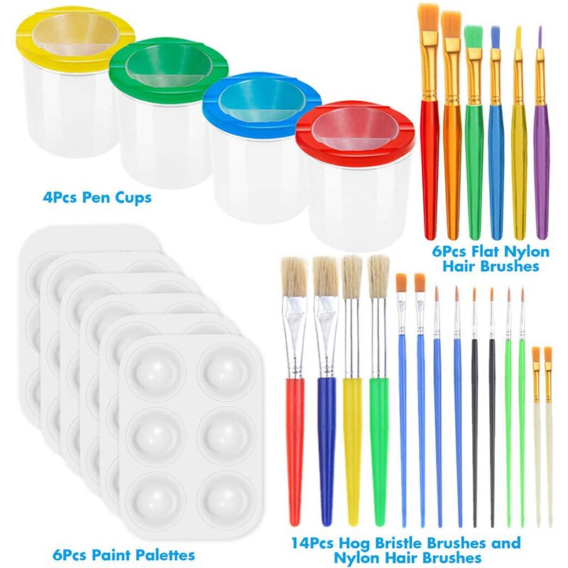 30 Pcs Paint Cups with Lids Paint Cups with Paint Brushes and Paint Tray Palettes Cups for Watercolor Art Class